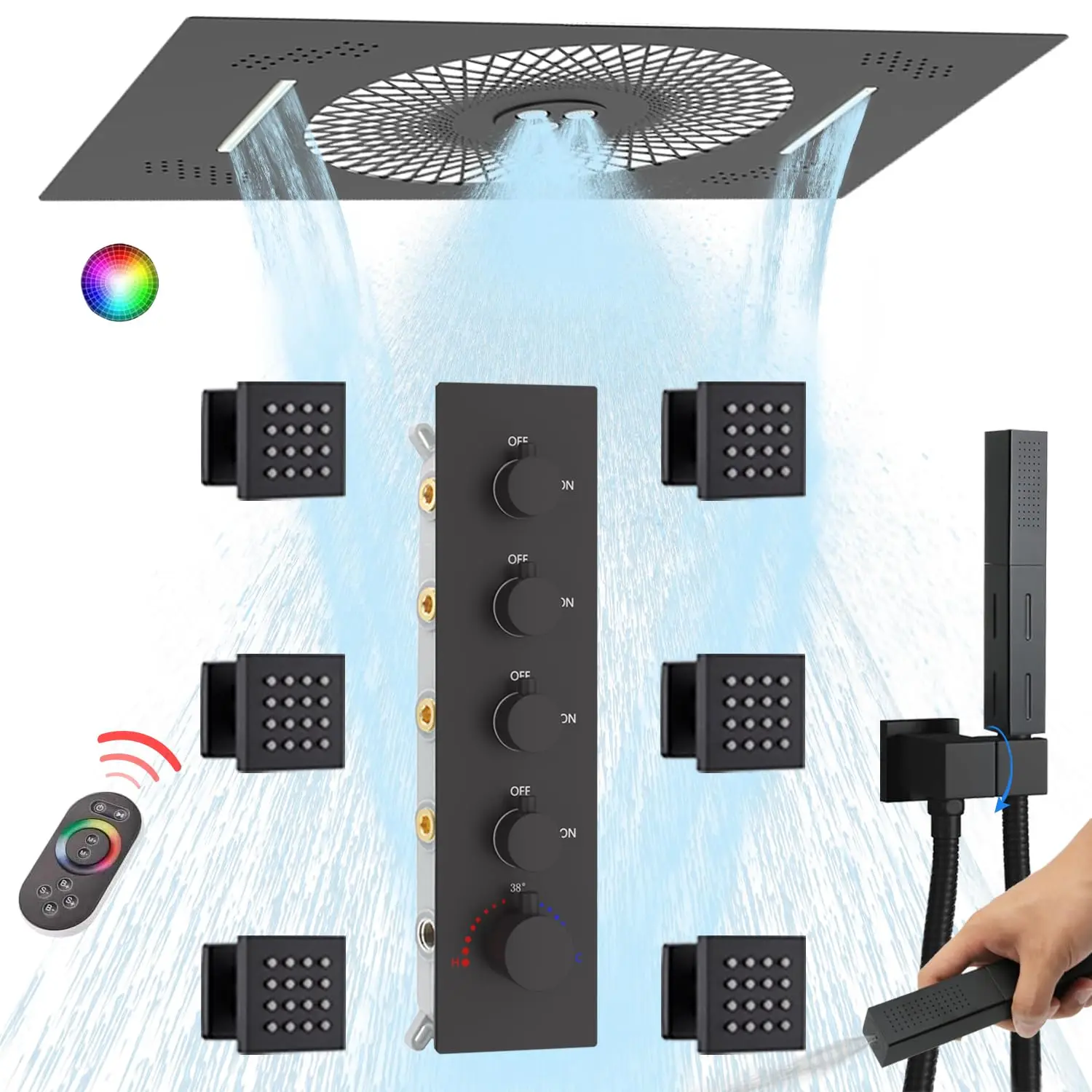 YyhcVilla Matte Black 16x24inch Ceiling Waterfall Mist Showerhead LED Multi Functions Thermostatic Shower System Set With Body J