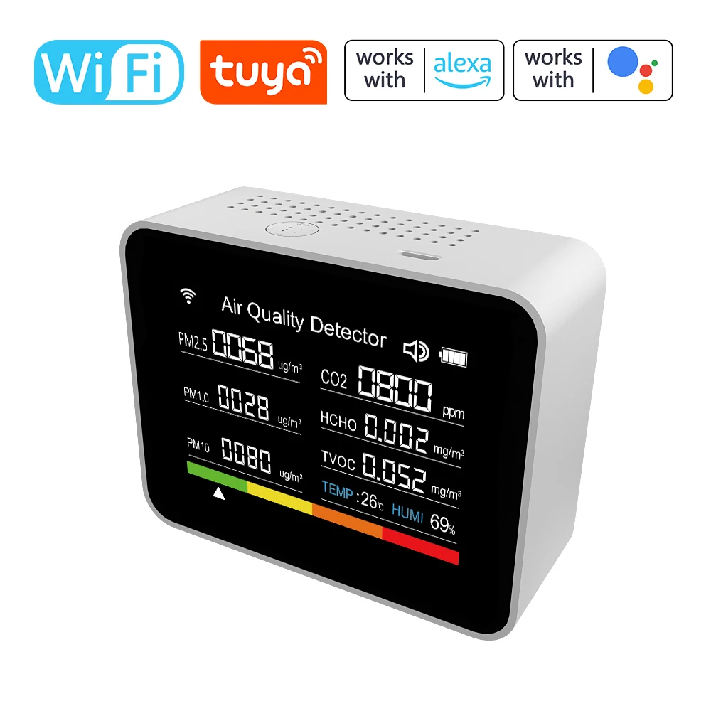 Tuya WIFI Intelligent Air Quality Monitor Temperature HumidityTime Date Alarm Timer Stopwatch Remote APP Control Alarm Function