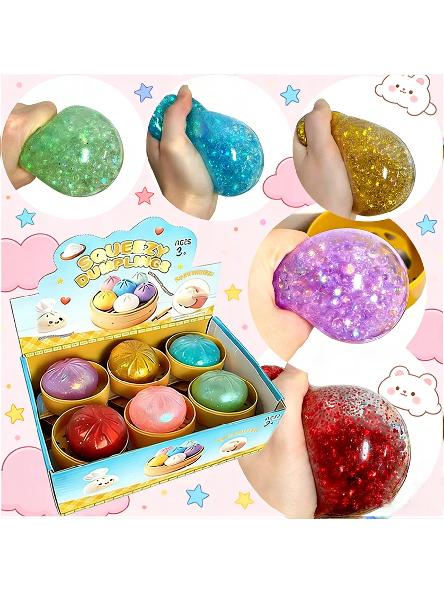 Nieuwe 1-12 stuks Glitter Dumpling Glitter Dumpling Squishy met doos Dumplings Zintuiglijk Knijpspeelgoed voor stressverlichting - afbeelding 2