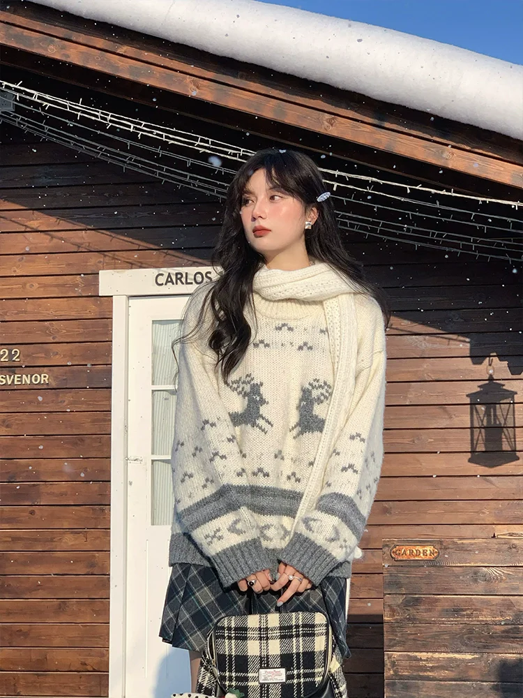 Autumn Spring Women Mori Kei Girl Deer Knitted Pullover Sweaters