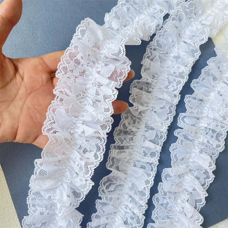 1 Yard 4CM Wide White Mesh 3D Pleated Elastic Lace for Fringes Trim Prom Party Dress Curtains Doll Sewing Accessories Supplies