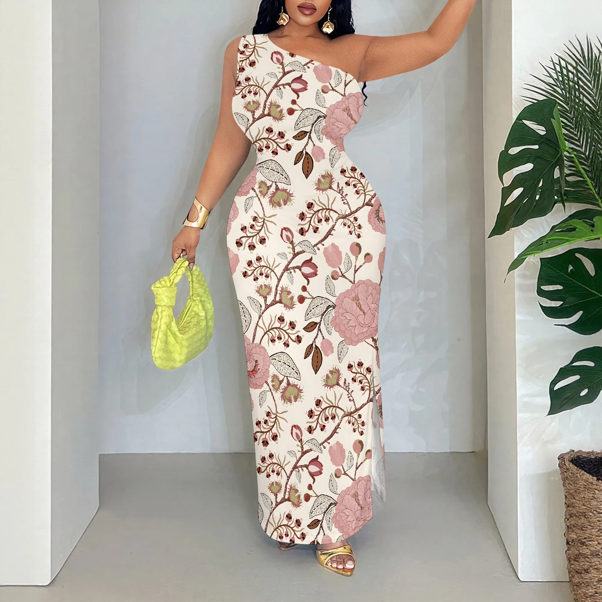 

Floral One Shoulder Maxi Dress, Sleeveless Bodycon Gown, Elegant Party Evening Wear, S-2XL