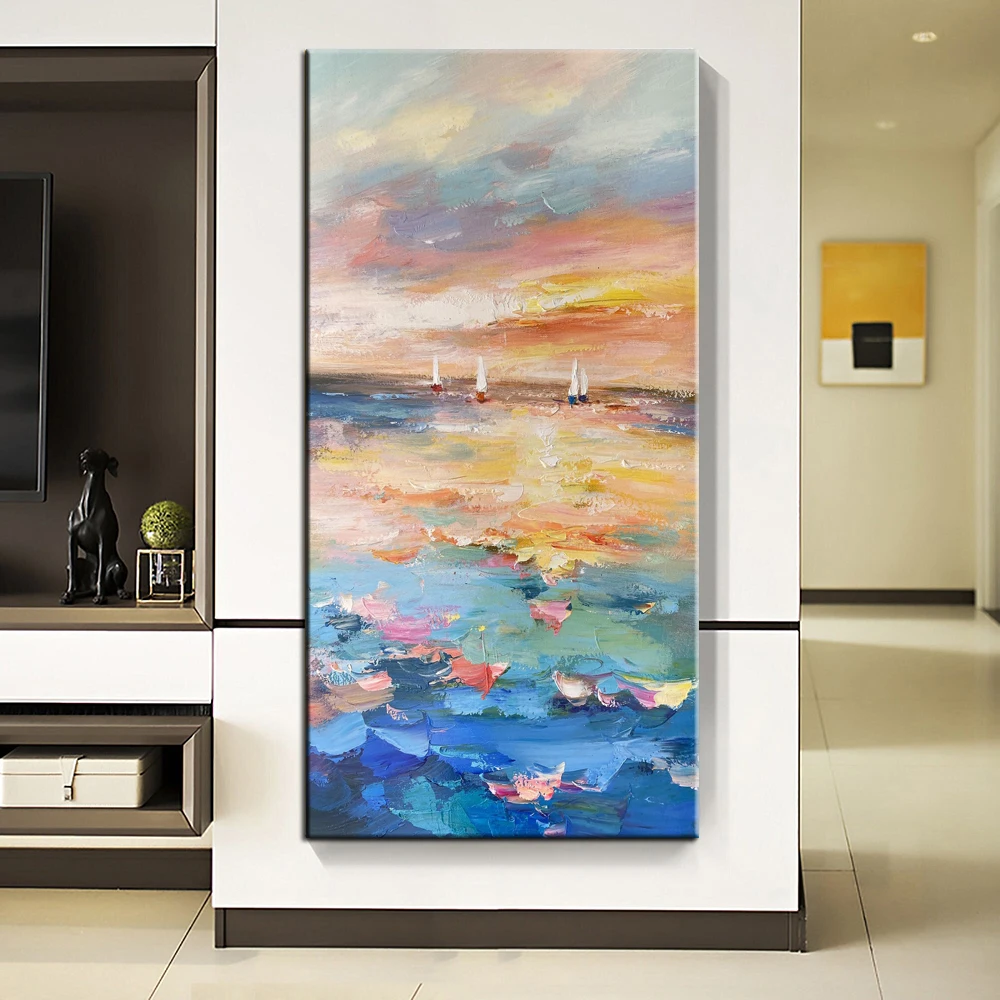 Hand Painted Oil Painting abstract painting Blue Ocean painting Orange Sunshine Sea Painting Gold sky Sunset ocean painting