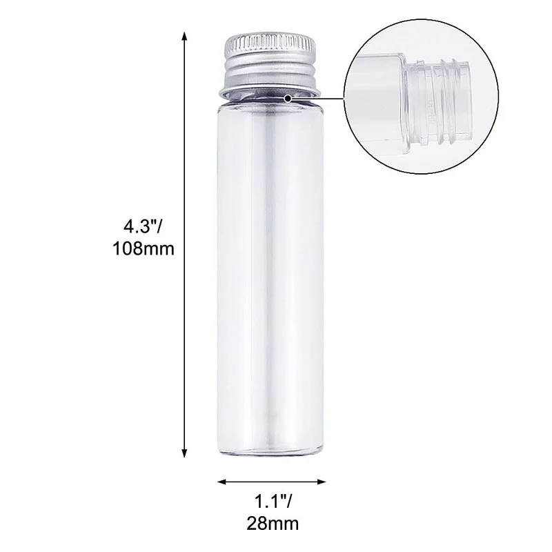 Tubes à essai en plastique plat transparent avec bouchons à vis, tubes pour bonbons et stockage de perles, expériences scientifiques, 28 × 108mm,