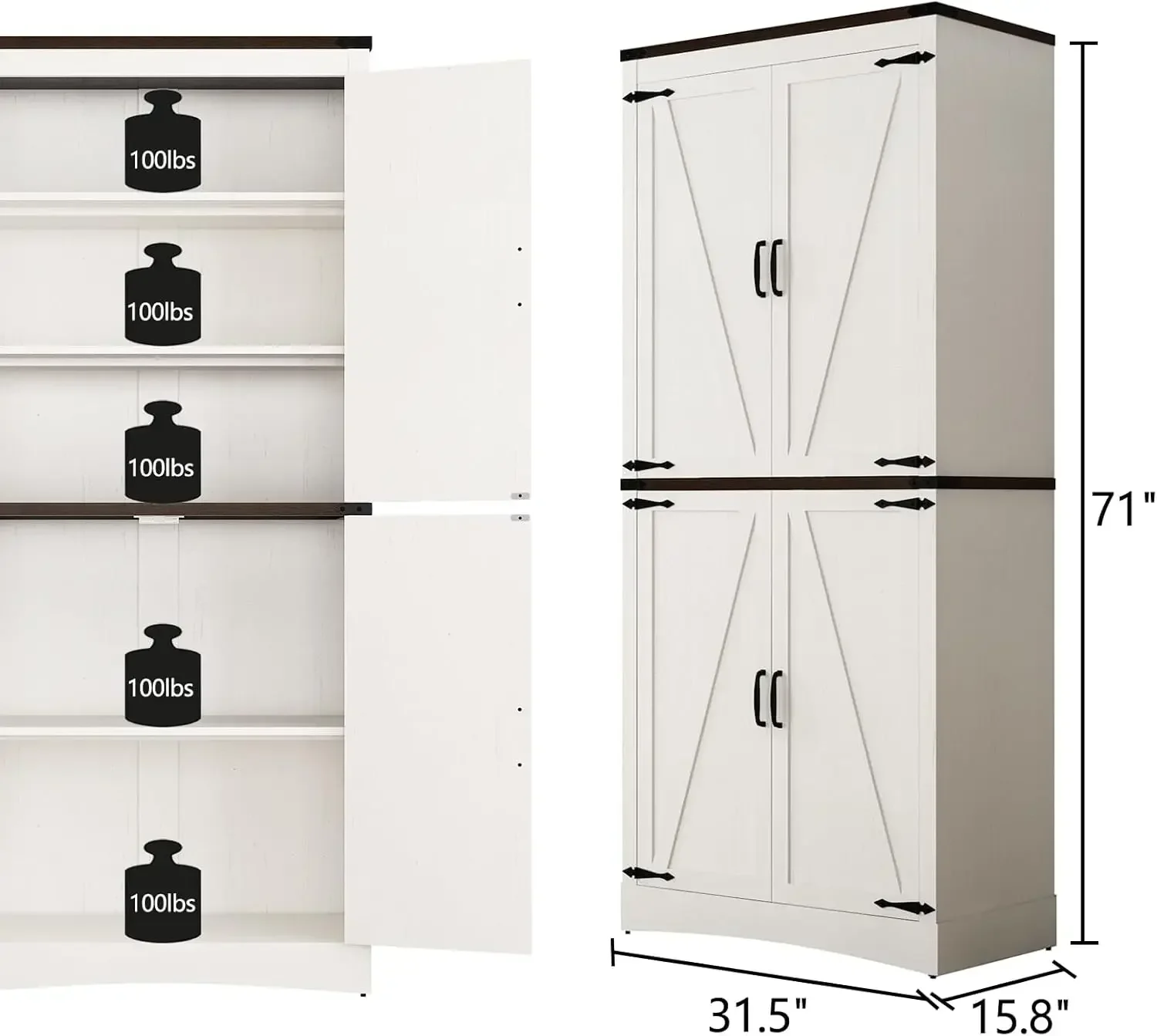 71in Farmhouse Kitchen Pantry Cabinet,Tall Storage Cabinet  4 Doors and Adjustable shelves, Kitchen,Dining Room,Bathroom(White)