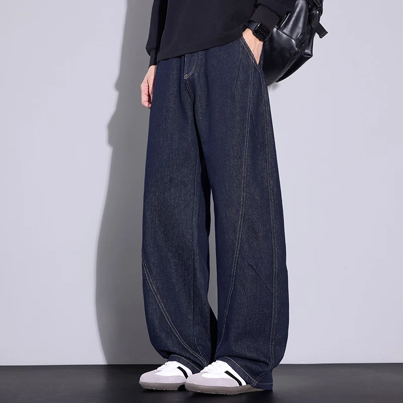 2026 autumn and winter primary color jeans American straight loose scimitar pants men's casual wide-footed pants