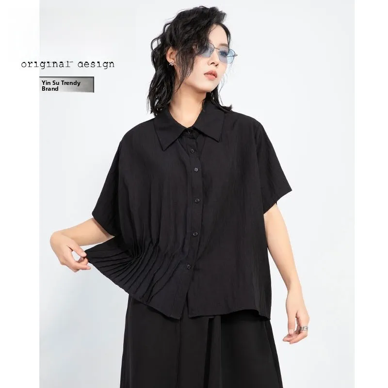 

Dark Style Women's Shirt Asymmetrical Pleated Loose Fit Short Sleeve Casual Top Slimming Versatile Summer Streetwear Cotton P...