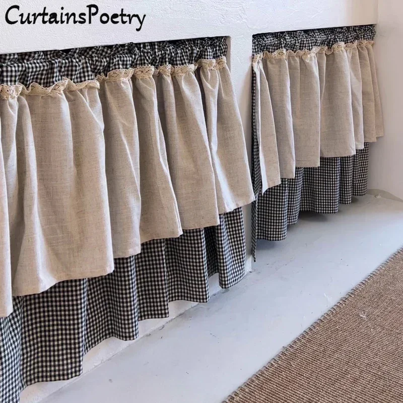 

Linen Blend Valance Curtain Farmhouse Plaid Window Curtain Double Layer Valance for Living Room Rod Pocket 1Panel Beige on Black