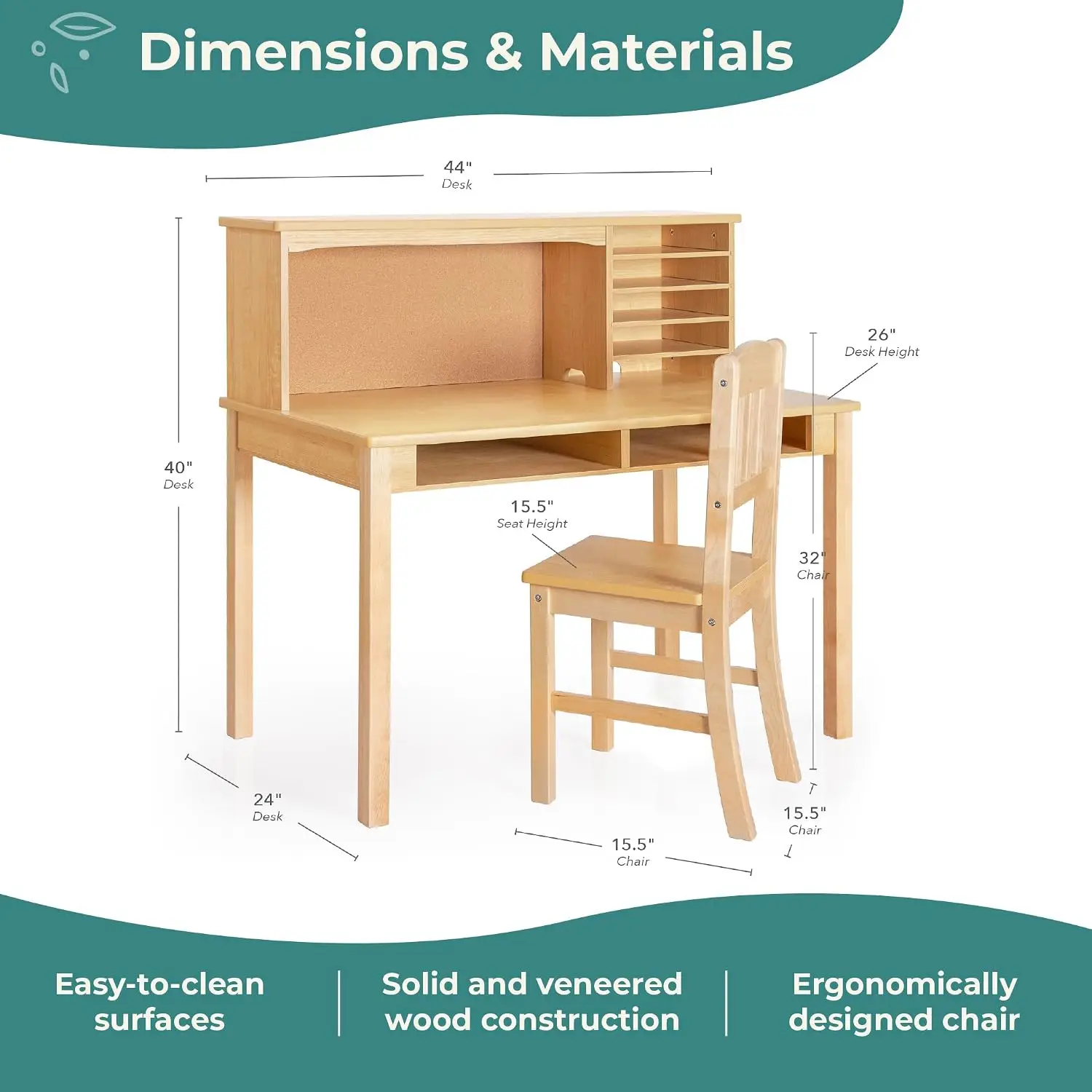 Kids Wood Study Desk & Chair Set with Storage Shelves Hutch Student Table Bedroom Furniture 5-12 Years Old, Customized