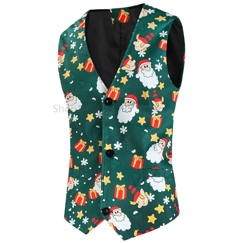 

Mens Christmas Suit Vest Single-Breasted Tank Holiday Festival Xmas Elk Snowflakes Printed Jacquard Waistcoat Party ﻿Outfit
