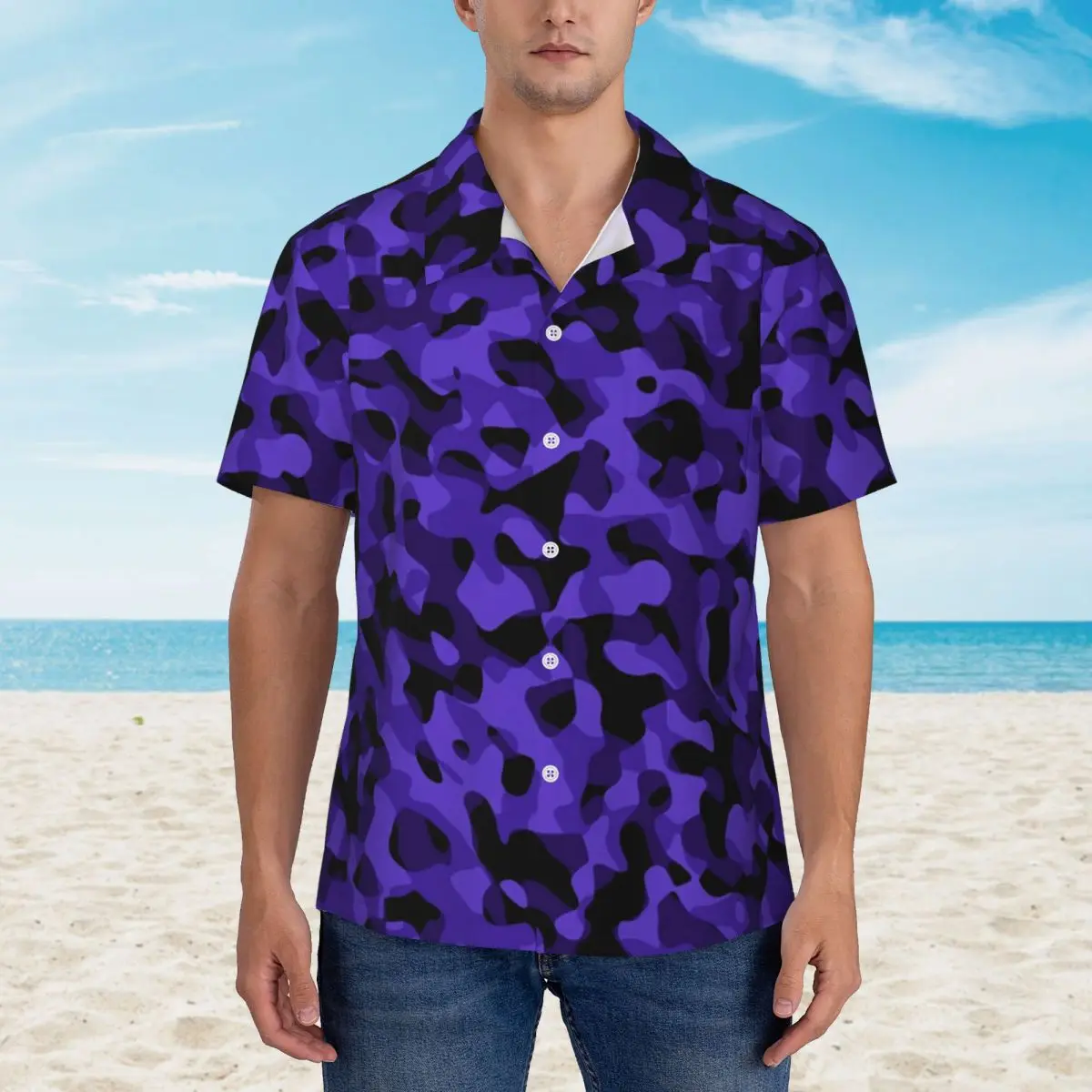 

Hawaiian Shirt Vacation Dark Camo Print Blouses Purple and Black Loose Casual Shirts Man Short Sleeve Breathable Clothing