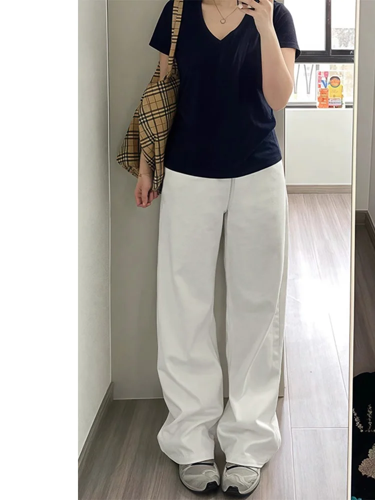 

Джинсы женские с высокой талией, широкими штанинами, прямого кроя, свободного кроя, стройнящие, для фигуры «груша», весенние, новые, повседневные, из хлопкового денима