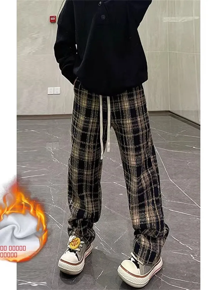 

Men's Plaid Woolen Trousers Autumn Winter Thiened Warm Straight Leg Casual Pants Faionable American Sle Comfortable Swe...