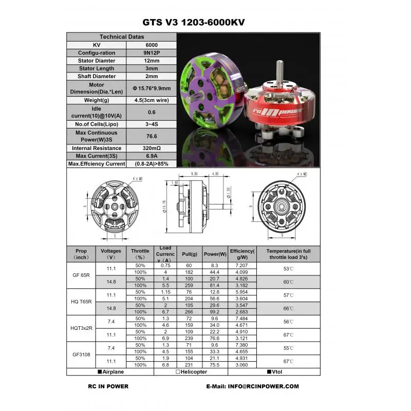 Rcinpower Gts V3 1203 11500kv 2s 8000kv 6000kv ブラシレスモーター 2~3インチプロペラ Rc Fpv レーシングドローン クアッドコプター DIY用