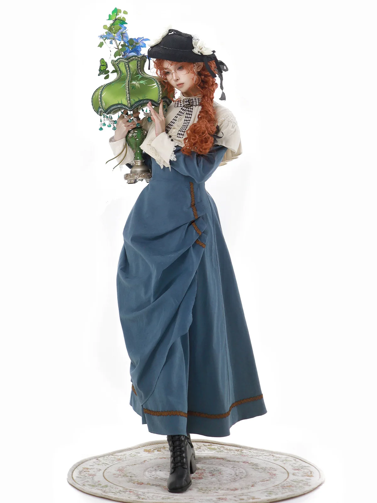 Gentle Temperament Bow Lace Cloak Splicing Fold Mid-length Dress for Women Lolita Mori Retro Elegant Cla Long-sleeved OP Dress