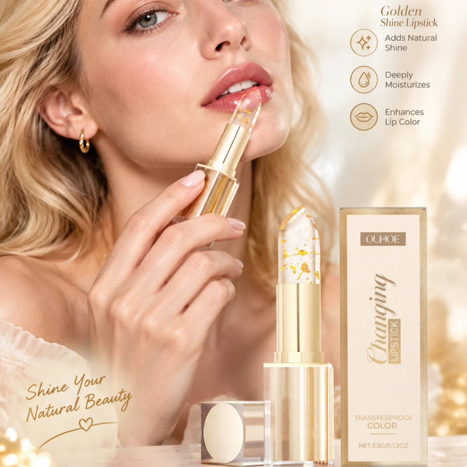 OUHOE Gold Foil Color Changing Lip Balm Moisturizing Repairing Deep Nourishing Smoothing Plumping Lips Long Lasting Lip Balm3.5g