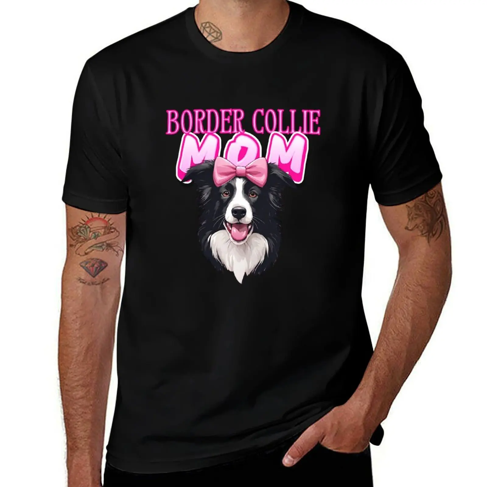 

Pink Dog Mom Black And White Border Collie Dog with Pink Bow T-Shirt tops blue archive t shirts for men