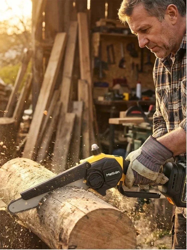 MELLWIN Bürstenlose 8-Zoll-Elektrokettensäge mit automatischer Ölschmierung, Mini-Hand-Astschere, Holzbearbeitungs-Schneidewerkzeug für Makita 18V Akku.