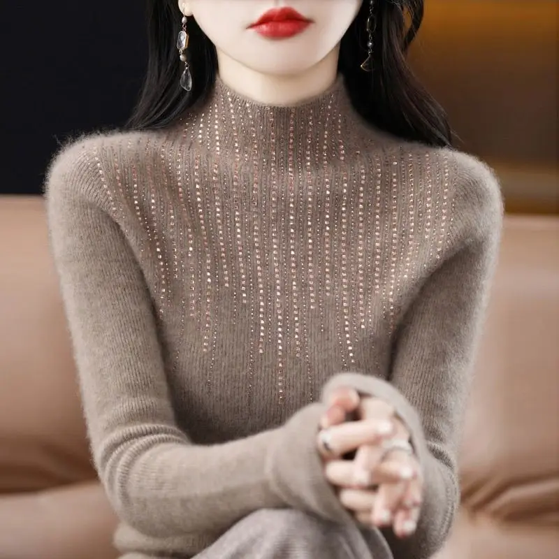 Autumn Winter New Half Turtleneck Hot Diamond Sweater Women's Knitted Pullover Slim Long-sleeved Inner Bottoming Knit Jumper Top