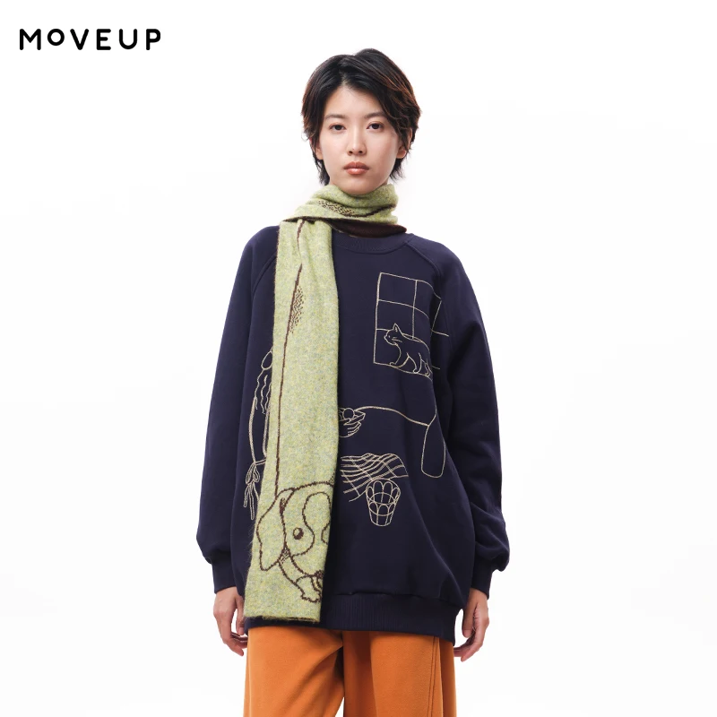 

MOVEUP Long Sleeved Round Neck Sweatshirt Winter Raglan Sleeves Fun Character Print Splicing Office Warm Top For Women 3EWD11476