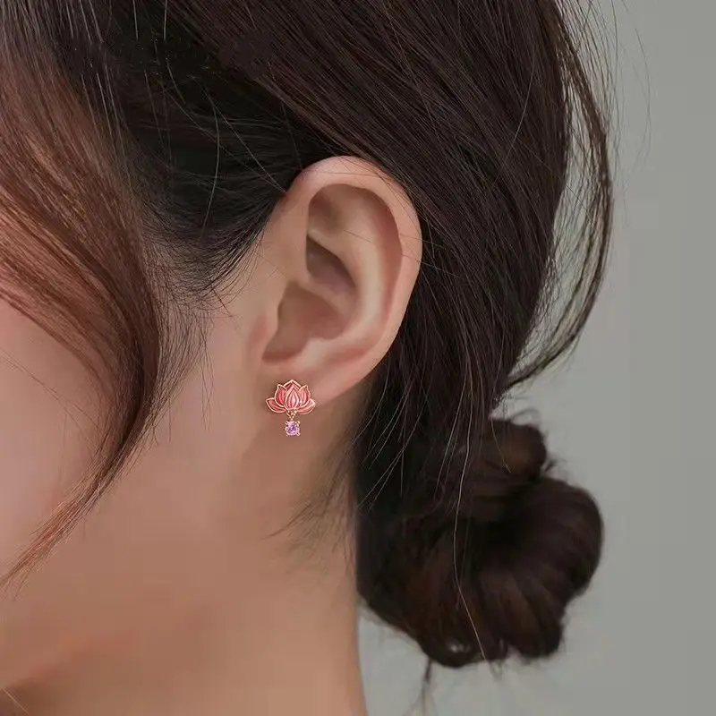 Anting-anting teratai zircon pink sepasang