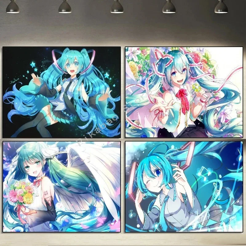 H-Hatsune Anime Miku-Poster Cartoon beautiful girl Anime Canvas Print Poster Poster Wall Art Decoration For Home Room Decoration