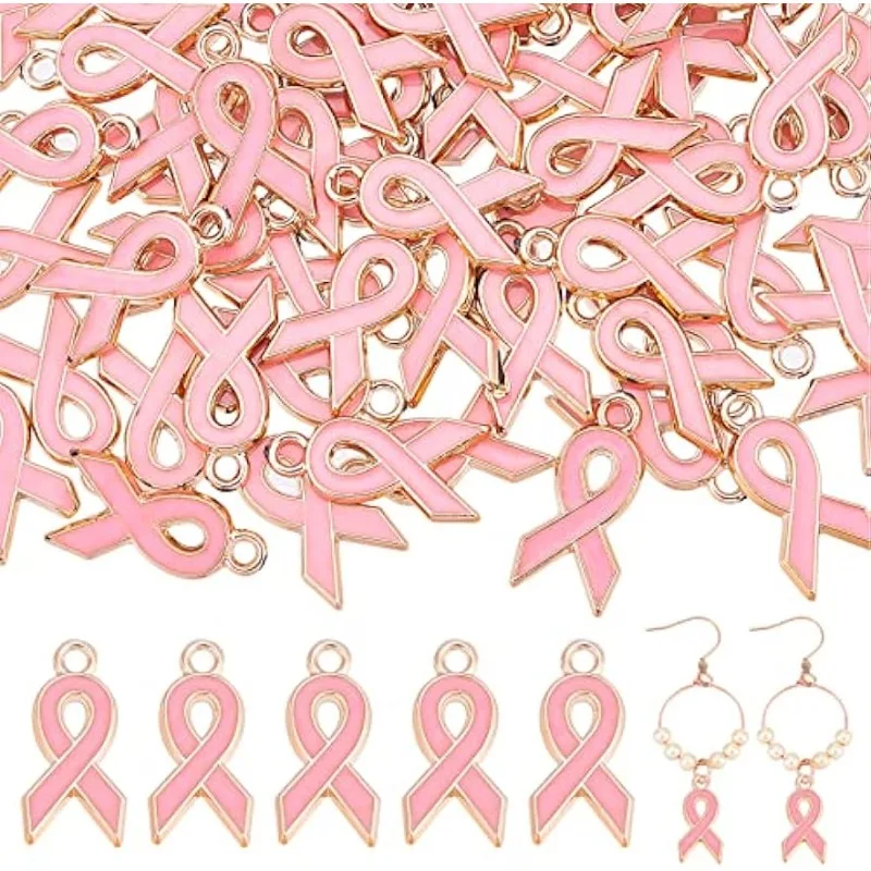 100Pcs Plastic Hope Ribbon Pendant Charms Pale Violet Red Breast Cancer Awareness Accessories for Jewelry Making with Container