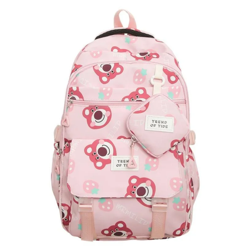 Tas punggung kasual kapasitas besar, tas ransel kasual kapasitas besar, mode, tren, motif kartun, tas sekolah imut manis, beruang stroberi Disney