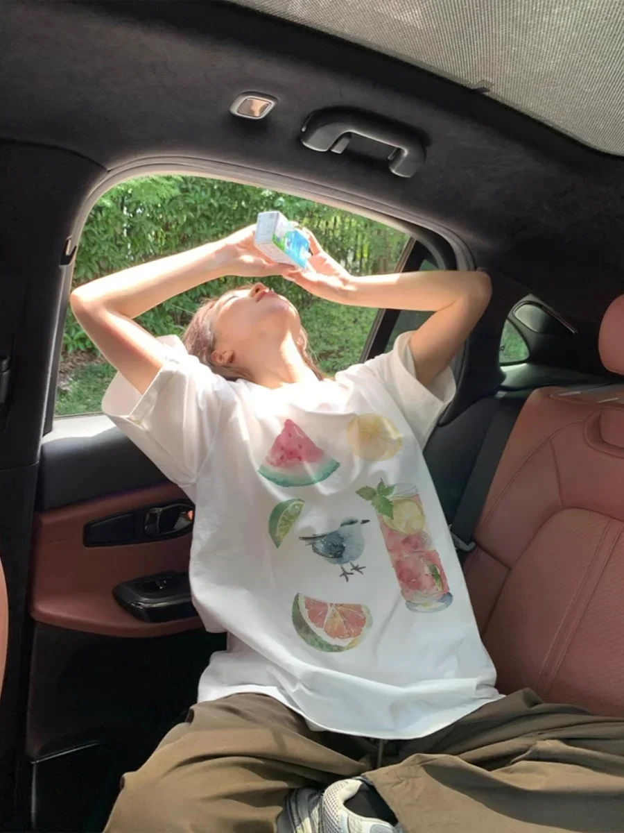 

Korean Sle Sweet Fruit Ort Sve Women's T-irt Loose Fit Summer Top Creative Print Casual Comfortable Tee Summer Streetwear Y2K
