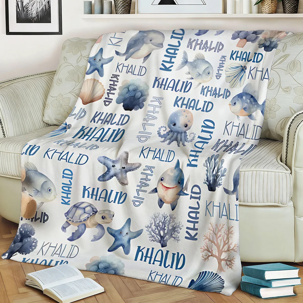 1pc Name Custom Blanket, Personalized Marine Animal, Fish Pattern Blanket, Birthday, Party, Holiday Gift