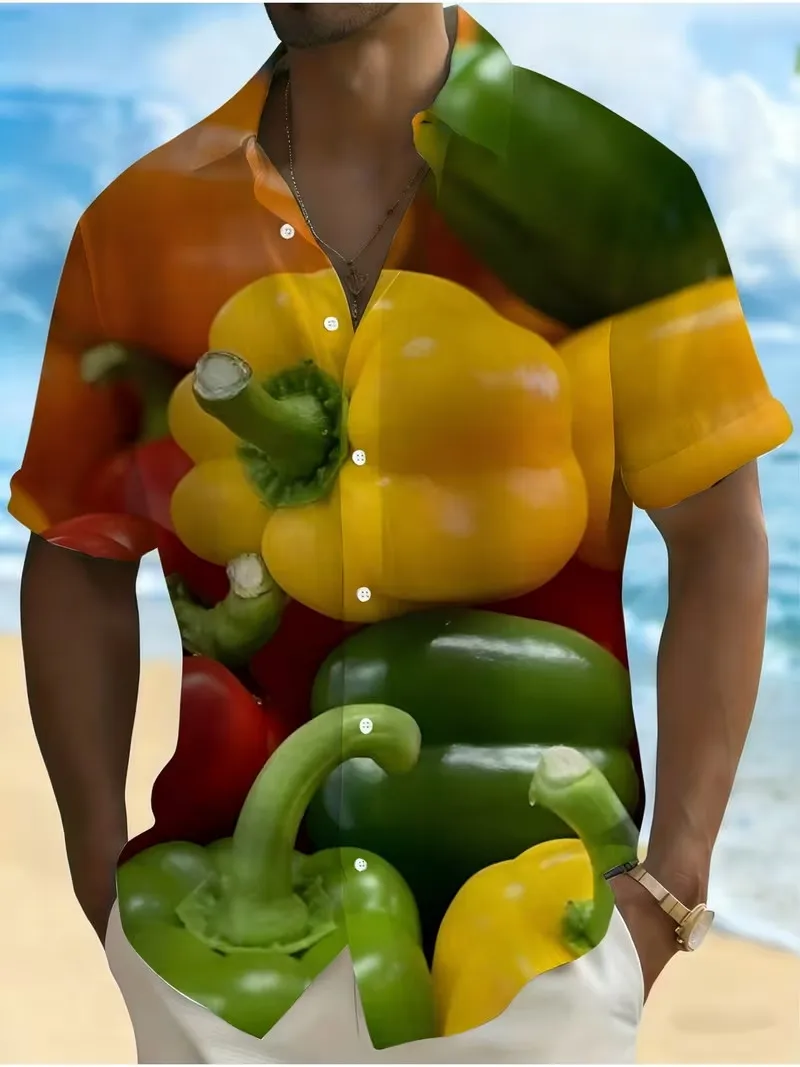 Camisa Hawaiana con Estampado 3D de Chile Picante para Hombre, Camisa Aloha con Botones y Manga Corta con Gráfico Divertido de Pimienta Picante