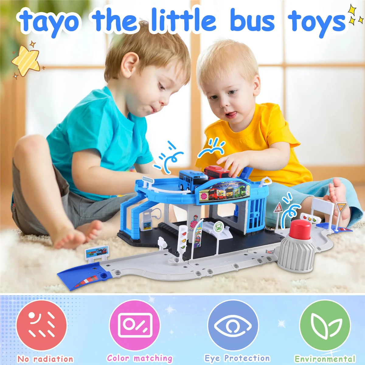 

A26P Cartoons Tayo the Little Bus Set Assembled Bus Station Parking Lot Car Runway Model with 2 Mini Tayo Bus