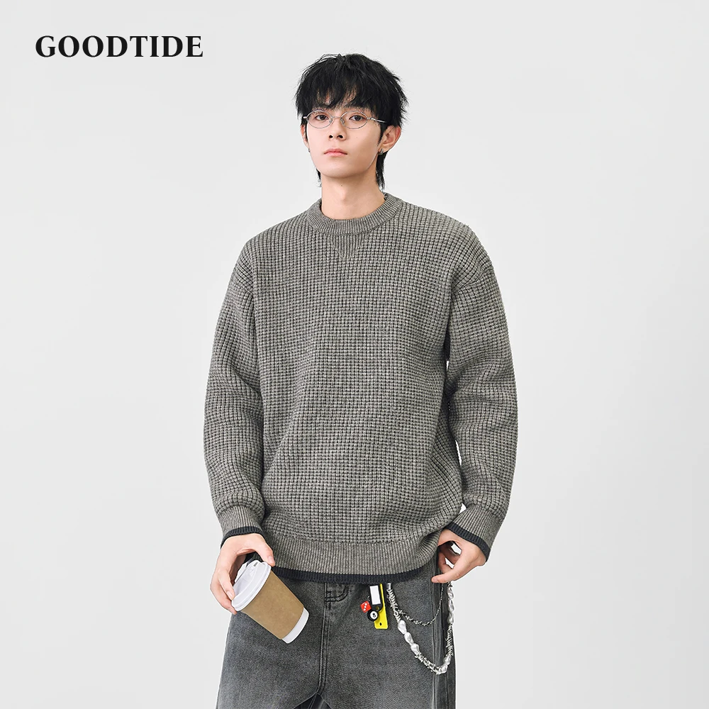 2025 Winter New Fashion Men's Casual Crew Neck Sweater Waffle Knit Pullover Contrast Trim Soft Long Sleeve Jumper Top