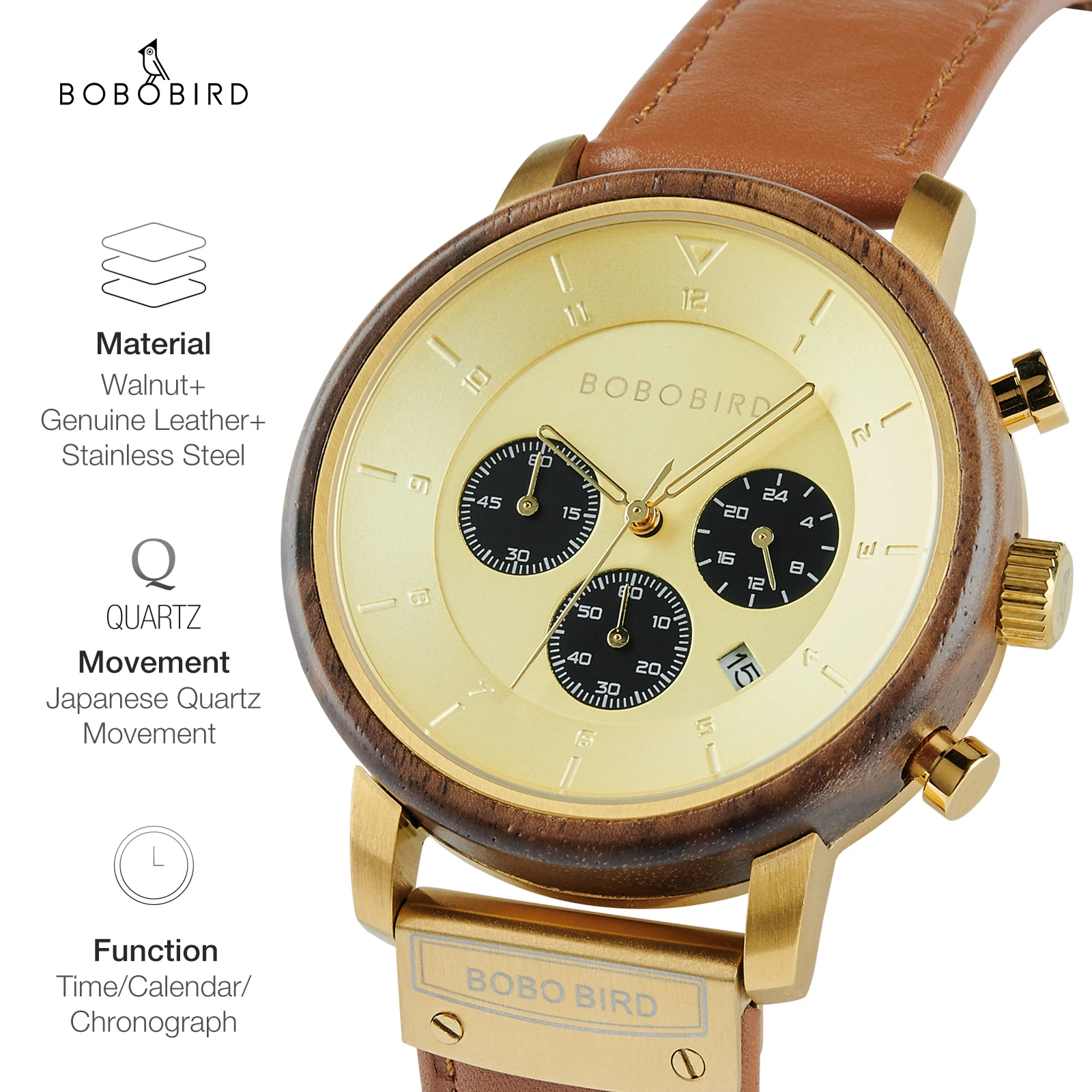 

BOBO BIRD Men Wooden Watch Top Luxury Japanese Movement Quartz Wristwatch Man Chronograph Watch Gift Dropshipping