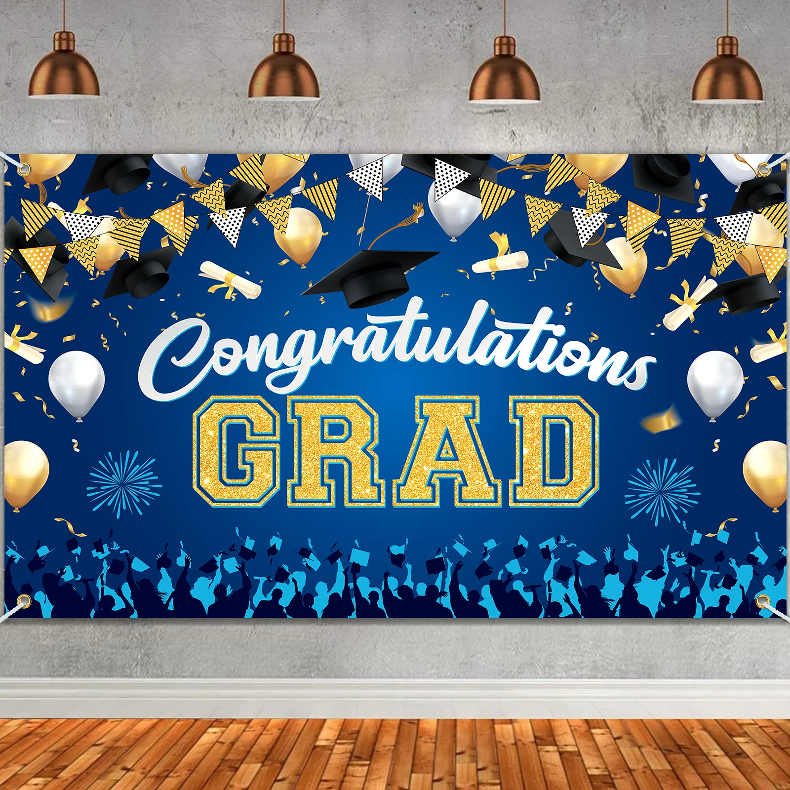 Congrats Grad Banner Backdrop Decor Set for Graduation Party Supplies Black and Gold Graduation Banner