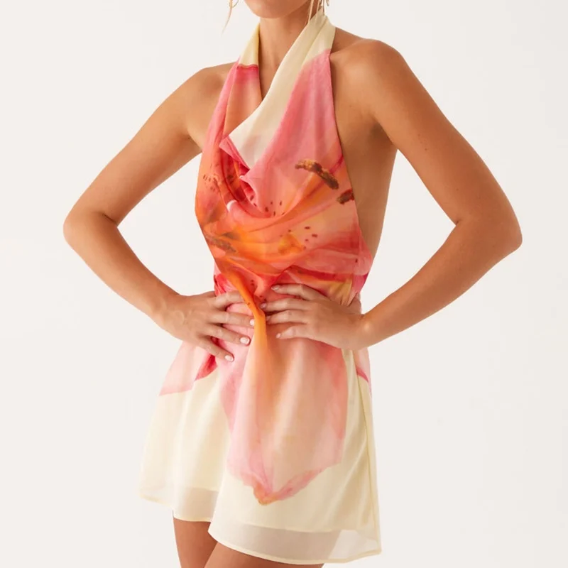 女性のセクシーなホルターミニドレス Y2k 花柄ボディコン背中の開いたショートドレスローカットメッシュ外出ドレス休暇ビーチウェア