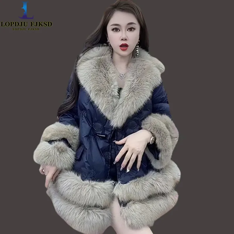 Women's White Duck Down Jacket,Horn Button Jacket,Embroidery Parkas,Europe，Female Clothing,Fur Collar,Winter,New,2025