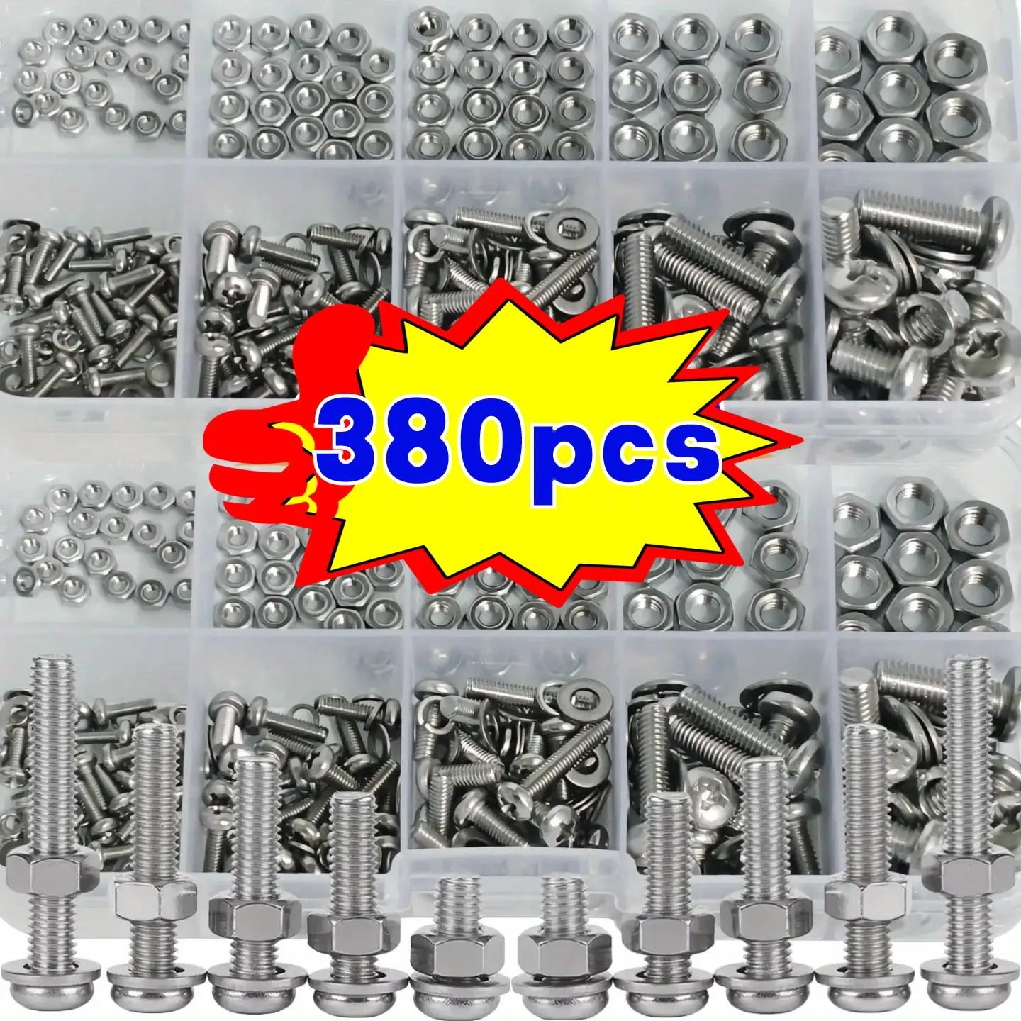 380pcs Hexagonal Nuts and Bolts Set | Durable M2 M2.5 M3 M4 M5 Metric Sizes, Carbon Steel, and Repair Hardware Tool Kit