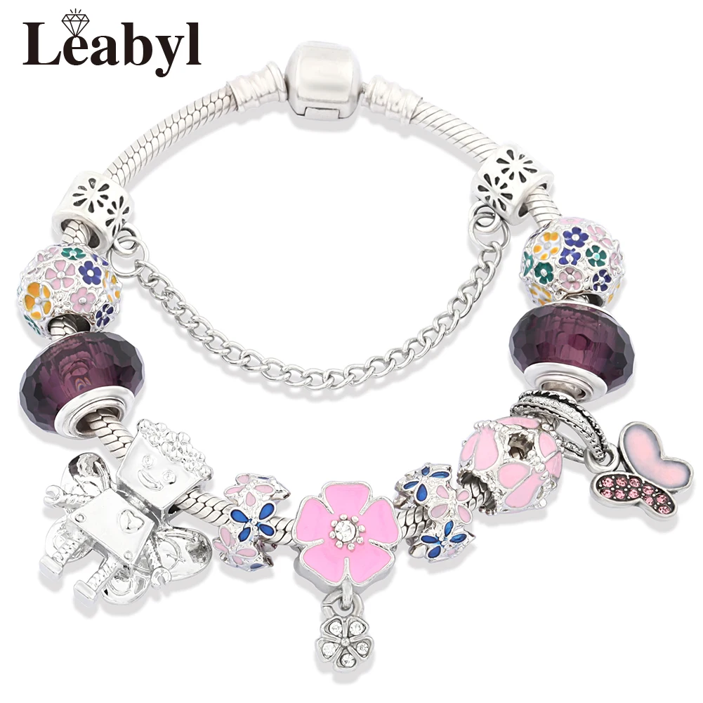 MIX Style Pink Flower Heart Charm Bracelets Trendy Pink Crystal Bead Bracelet Lovely Plant Animal Jewelry for Women Girl Gift
