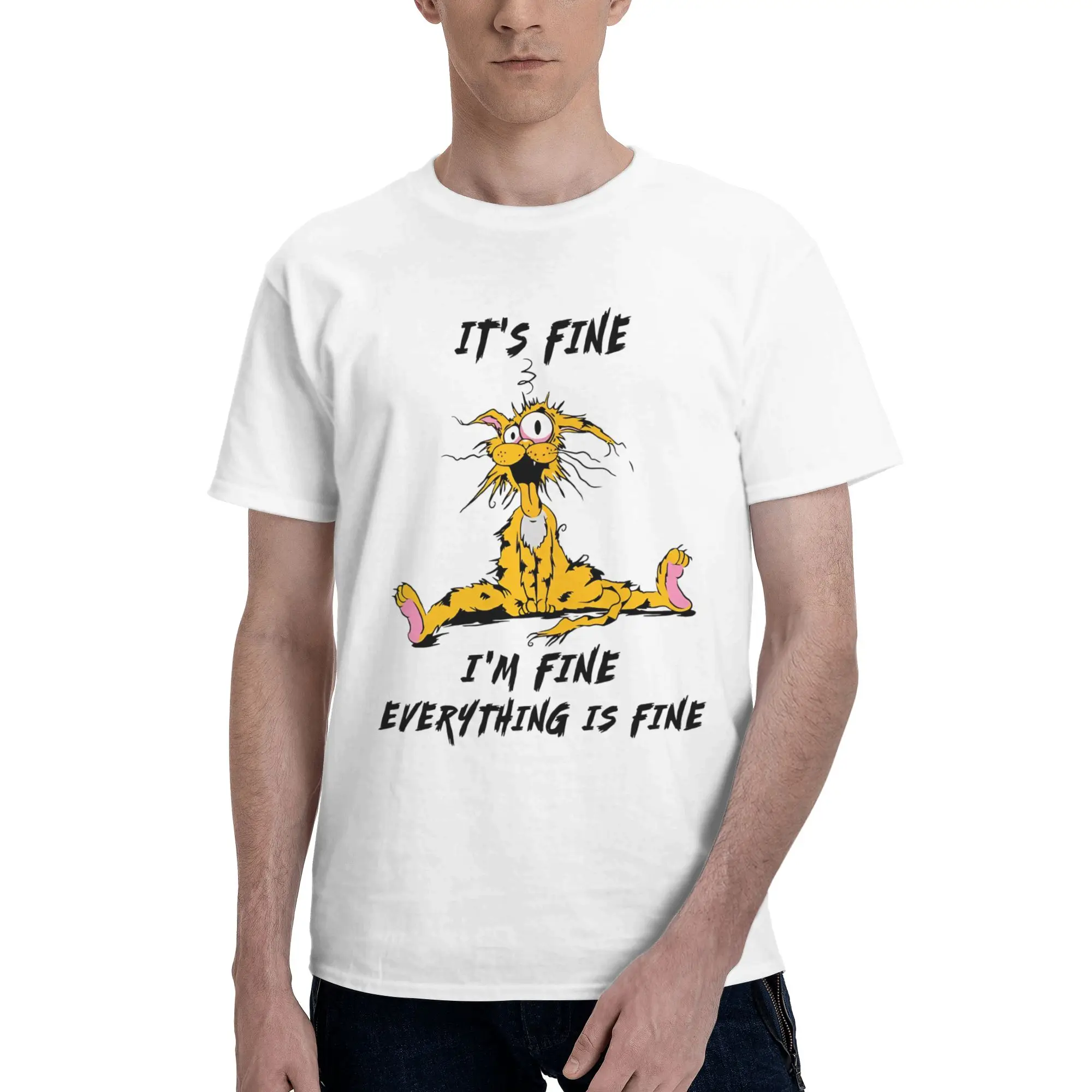 Explosion Hair cat Men's T Shirts I’m Fine Cat Casual Tee Shirt Short Sleeve Crew Neck Cotton Original Tops T-Shirt