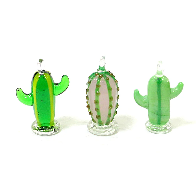 2pcs Mini Cute Glass Cactus Pendant Charms Ornaments for DIY Handmade Craft Supplies Garden Bonsai Decor & Holiday Party Gifts