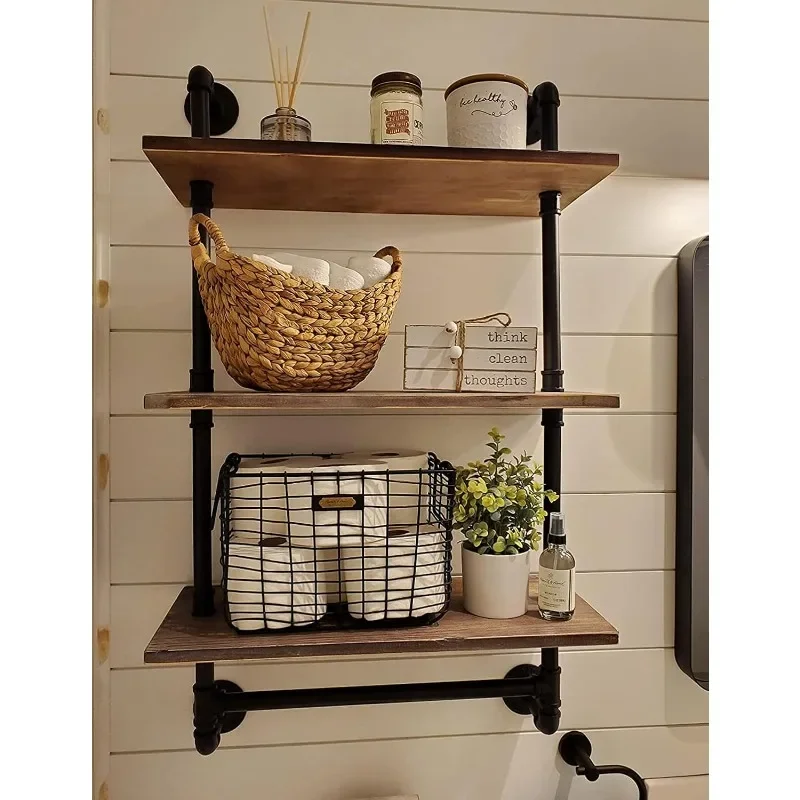 

Industrial Pipe Bathroom Shelves Rustic Wood Shelves with Towel Bar 24" Farmhouse Wall Shelf for Wall Pipe Shelving