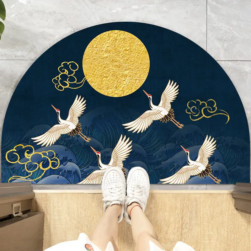 Chinese Semi-circular Floor Mats Japanese Style Crane Printed Door Entrance Non-slip Floor Mats Balcony Carpet Hallway Porch Rug