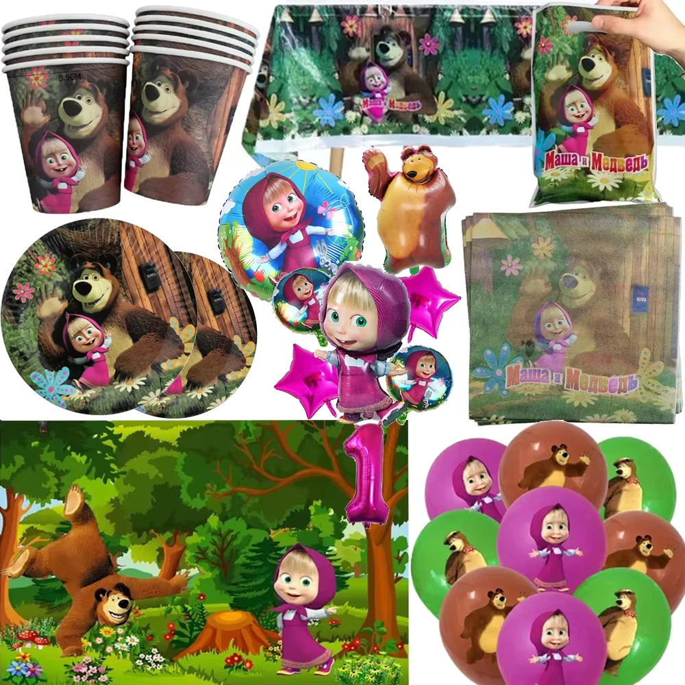 Mashas and the Bear Themed Party Decoration Disposable Tableware Set Balloons Cups Plates Napkins Kids Girls Birthday Party Supp