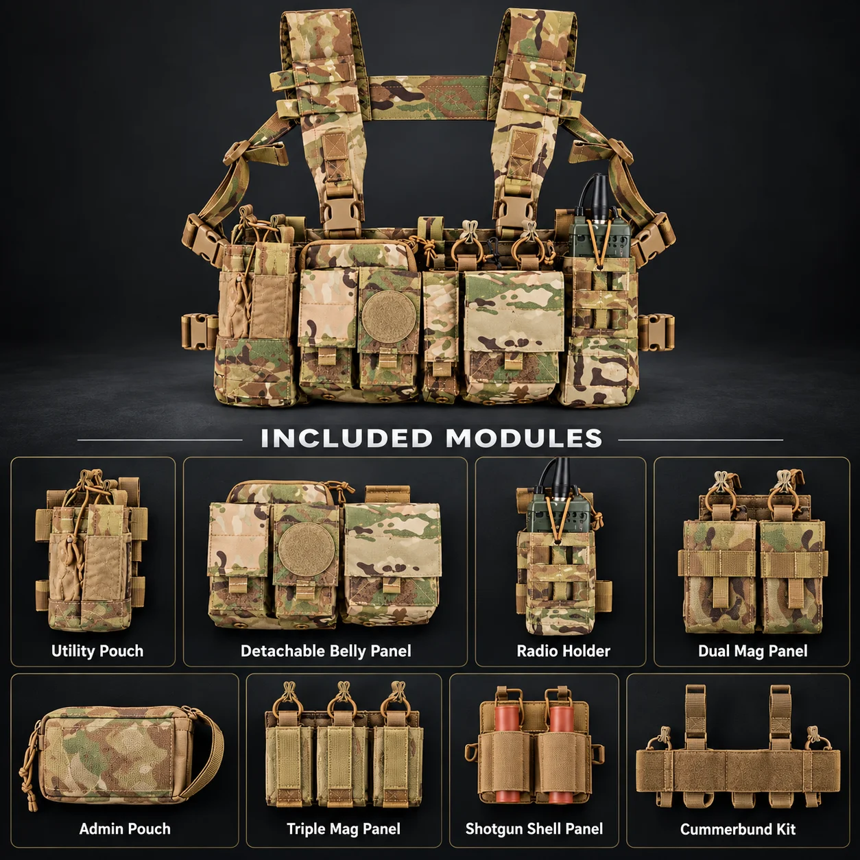 Tactical Patrol Vest, Commuter Chest Rig, Detachable Radio Pouch, Modular Utility Vest with Removable Front Pouch for Outdoor 3