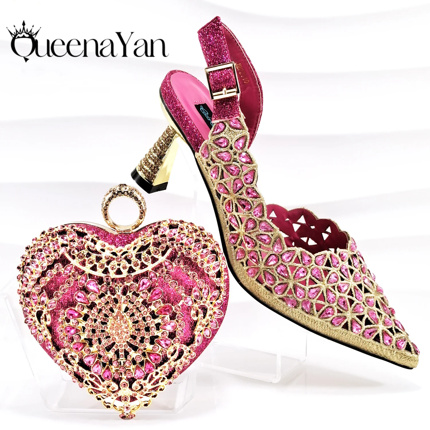 QSGFC New Shoes and Bags Matching Set Nigerian Women Heel Party for Women Fuchsia Colour Italian Design Wedding INS Design