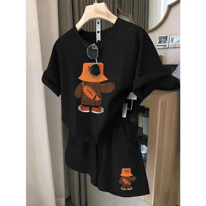 Conjunto de plones cortos de manga corta de aodón informal para mujer, ropa deportiva de dos piezas, cómodo, hoado, c...