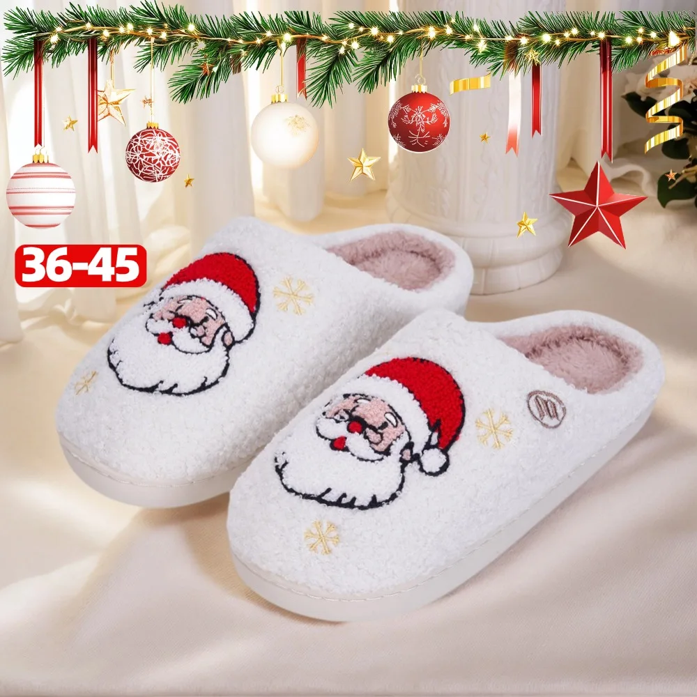 

Женские пушистые тапочки, рождественские Нескользящие плюшевые домашние тапочки с Санта-Клаусом на зиму, Рождество, удобные нечеткие тапочки с закрытым носком