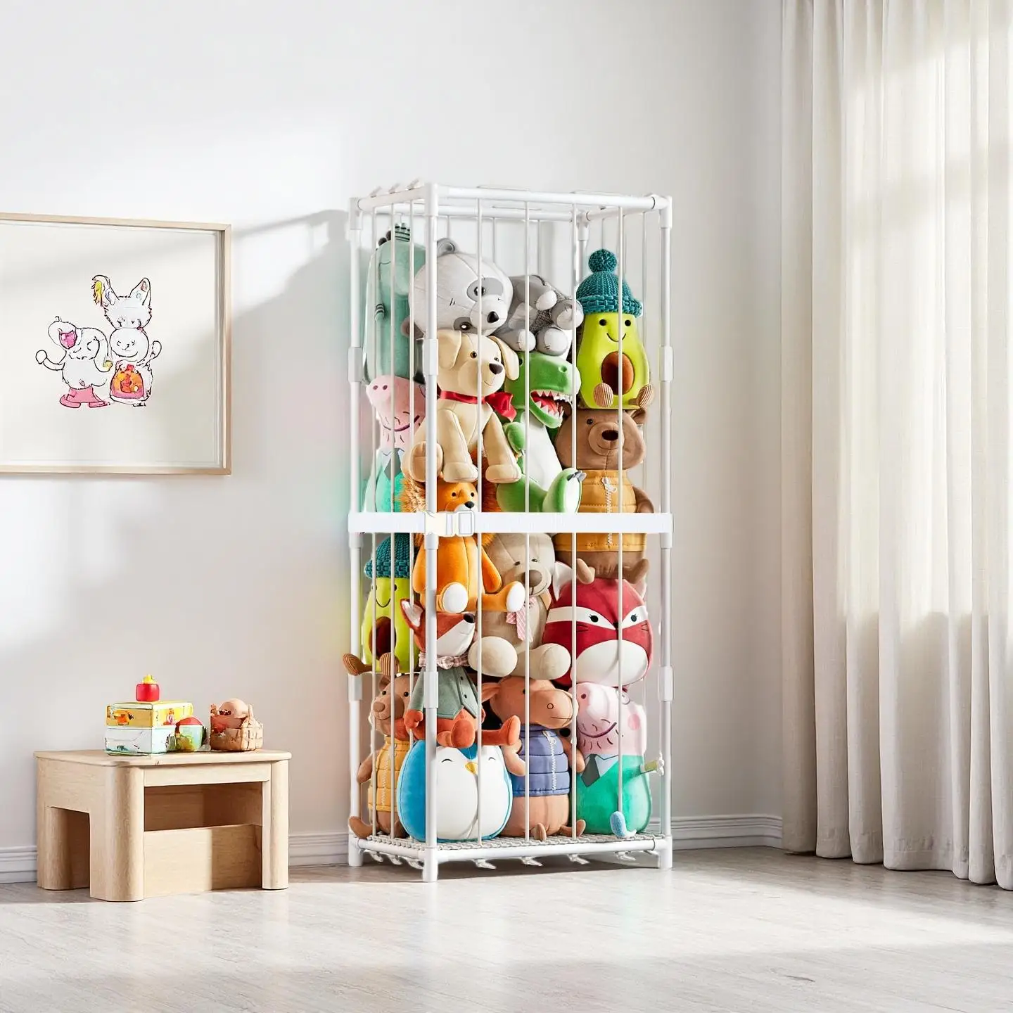 Vertical Stuffed Animal Storage Organizer Zoo Themed Plush Toy Display Rack Space-Saving Metal Frame Holder with Elastic Net Freestanding Corner Storage for Kids Playroom Nursery Bedroom Baby Room Organization view 7