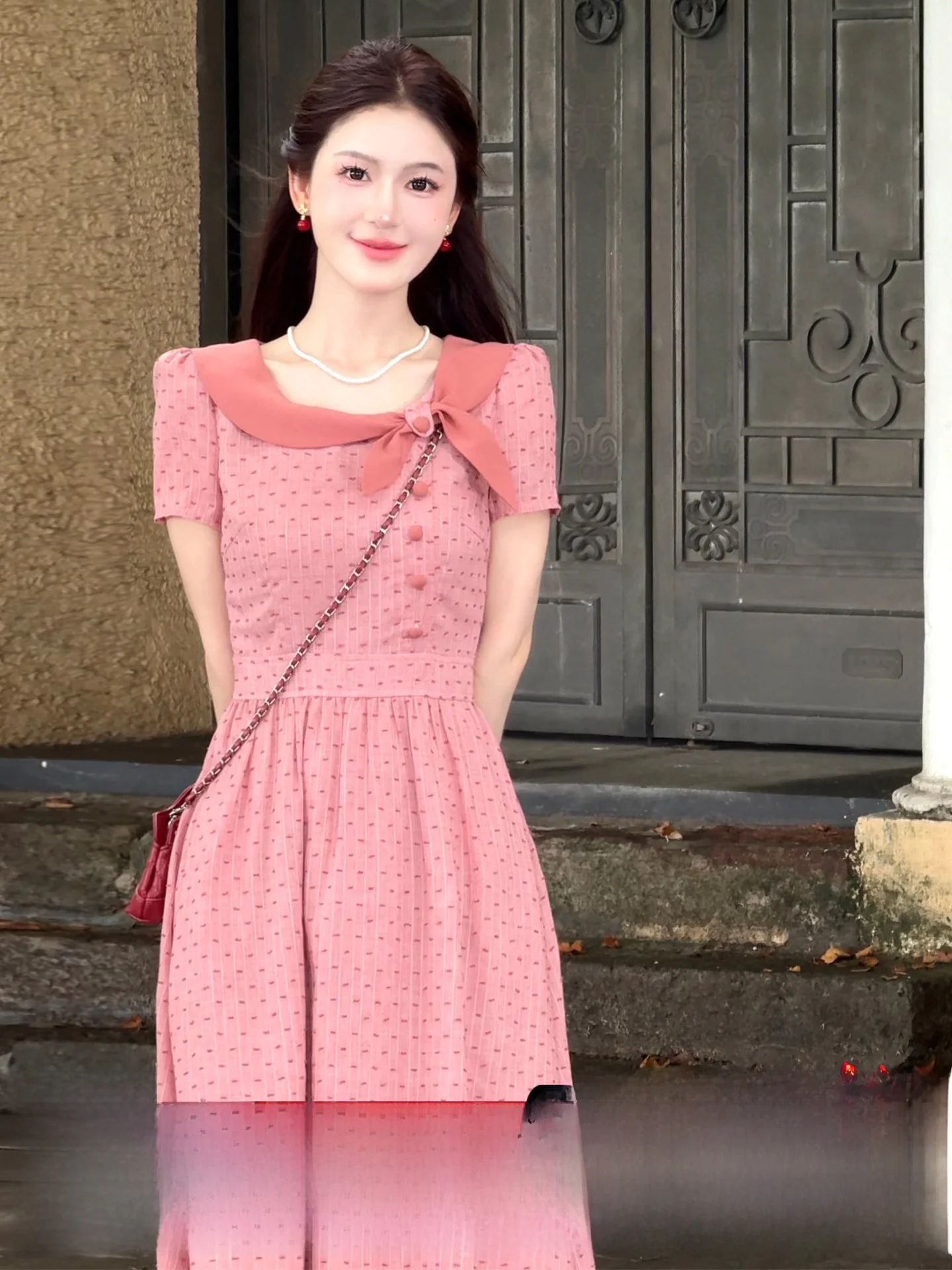 

Lili Sweet Polka Dot Color Blo Doll Collar Dr Pink Summer Cotton High Waist A-Line Skirt ort Sve Ci Commute Dr